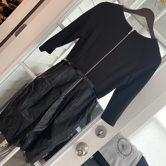 Used Calvin Klein black 3/4 sleeve dress with pleather detail skirt - Picture 3 of 5